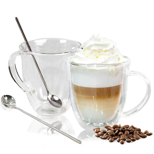 Double Wall Glass Coffee Mugs - 16 oz Set of 2