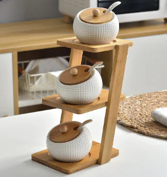 Ceramic Spice Jars with Bamboo Base (One Set)